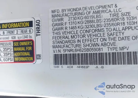 2025 Honda Odyssey Ex-L z USA, uszkodzony, nr VIN 5FNRL6H62SB059081